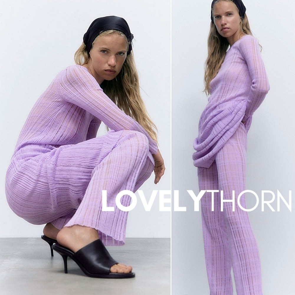 ZARA // ltd ed lilac high elastic waist straight leg semi-sheer knit pants
